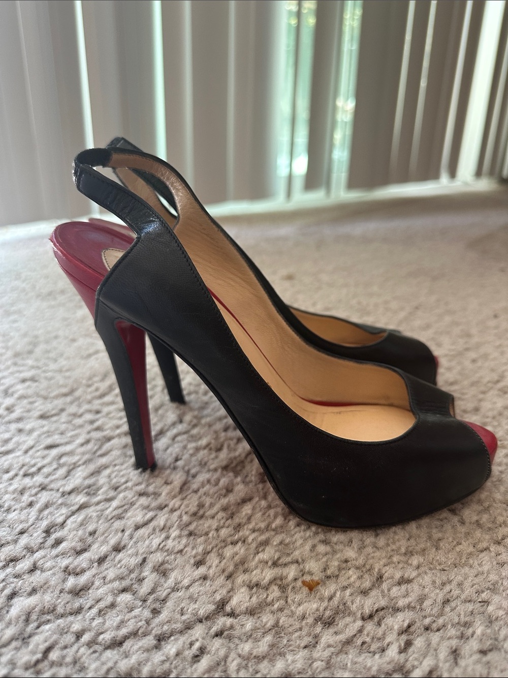 Christian Louboutin Black and Red Peep-Toe Slingback Stilettos
